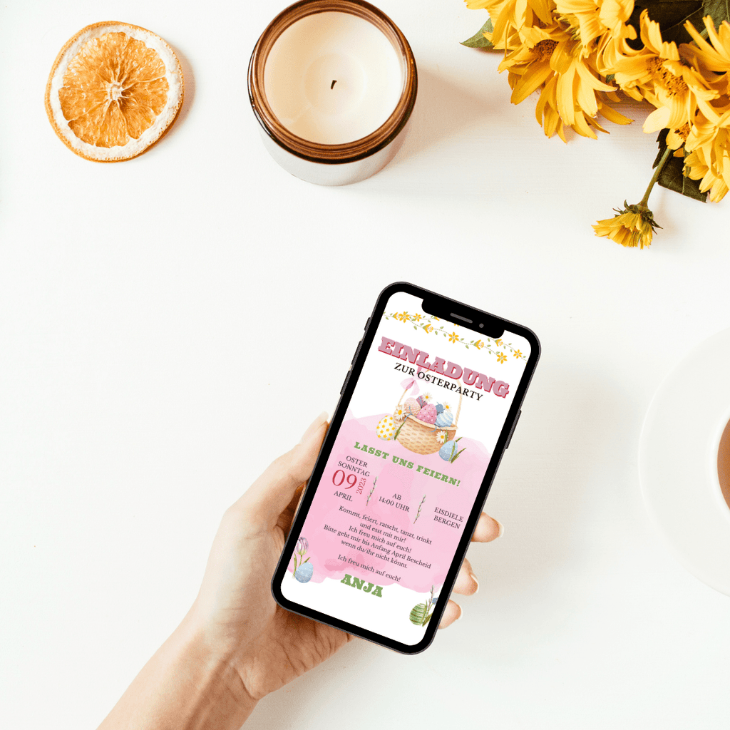 Lade zu deiner Osterparty ein - bunte eCard mit großem Osterkorb - Einladung - Pink - Ostereier - Blumen - helle Farben - WhatsApp