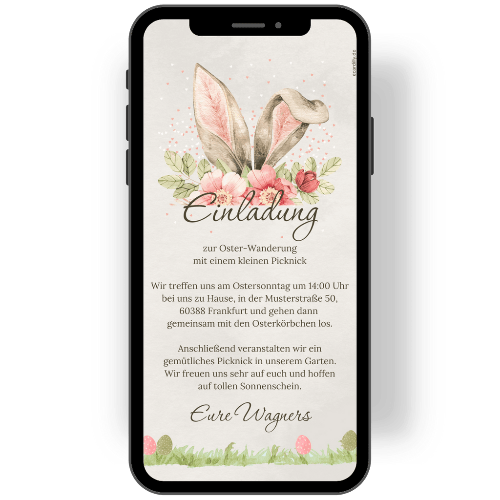 Tolle Einladungskarte zur Osterwanderung oder Osterbrunch. Lustige Osterkarte mit Osterhasenohren und Blumen