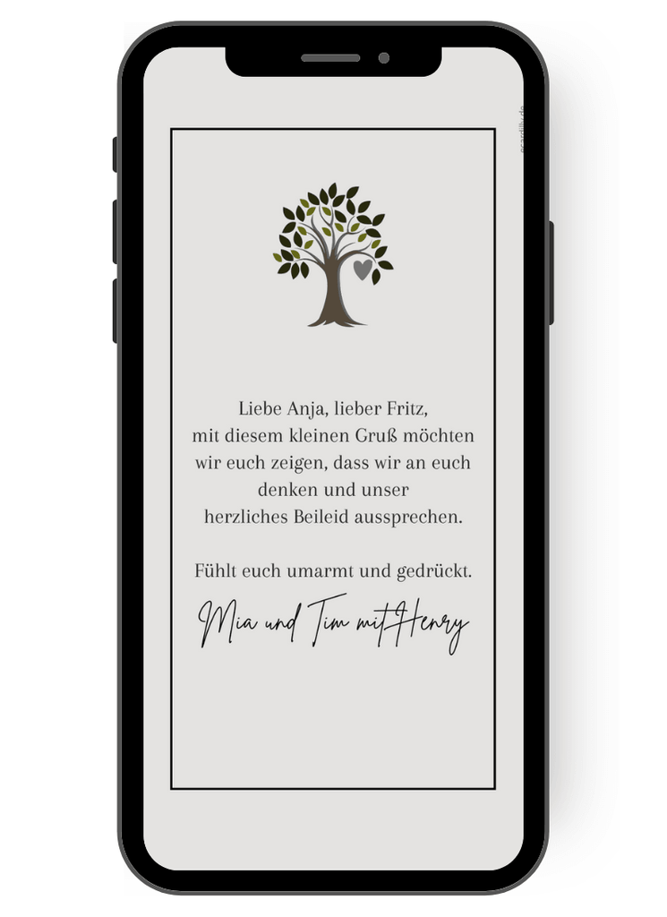 Ein kleiner smybolischer Baum mit vielen kleinen Blättern im Kopfteil der digitalen Trauerkarte steht über dem Beileids-Text. Papierlose Beileids-Karte für Anteilnahme nach Tod. de