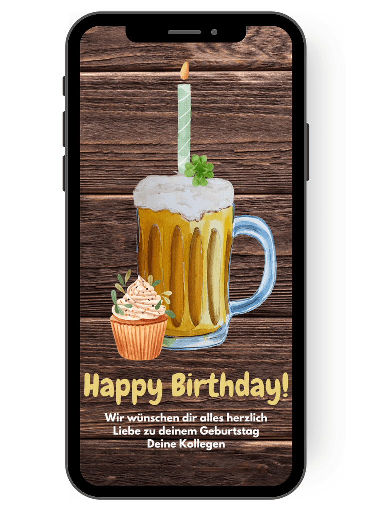 eCard - Happy Birthday - Grußkarte - Bierkrug mit Kerze und Kleeblatt - Muffin - Kollege - Holz de