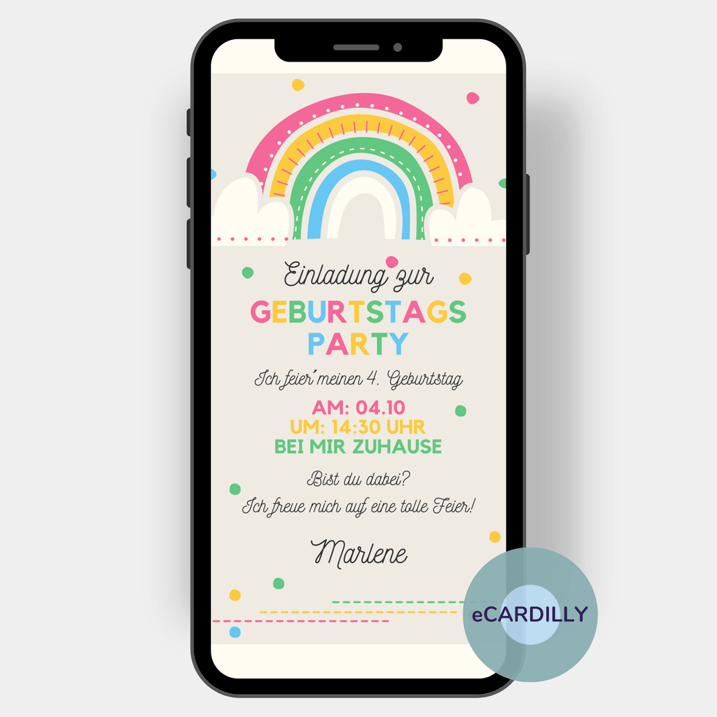 Eine Geburtstsagsfeier unter dem regenbogen: Mit dieser Einladung kannst Du Deine Gäste herzlich einladen zu Deiner Party
