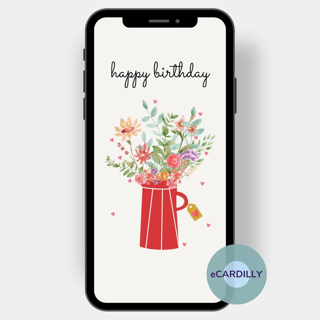 Eine rote Kanne mit einem bunten Blumenstrauß frisch aus Deinem Garten als Geburtstagsgruß auf einer eCard versenden. Text: Happy Birthday.