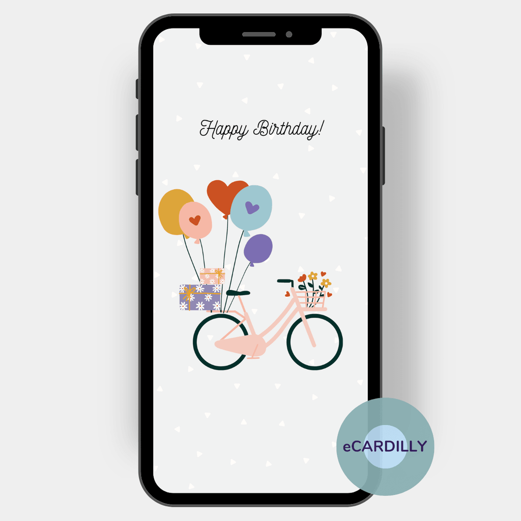 Grußkarte zum Geburtstag mit einem Fahrrad und vielen bunten Luftballons um dem Geburtstagskind digital und papierlos zu gratulieren.p