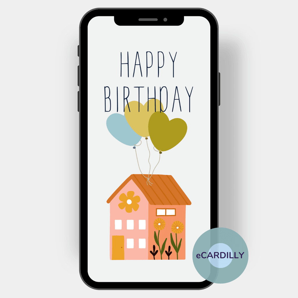 Glückwunschkarte zum Geburtstag in Pastellfarben. Ein Haus mit Blumengrafik und dazu drei Luftballons ins Herzform gratulieren mit einem Happy Birthday.