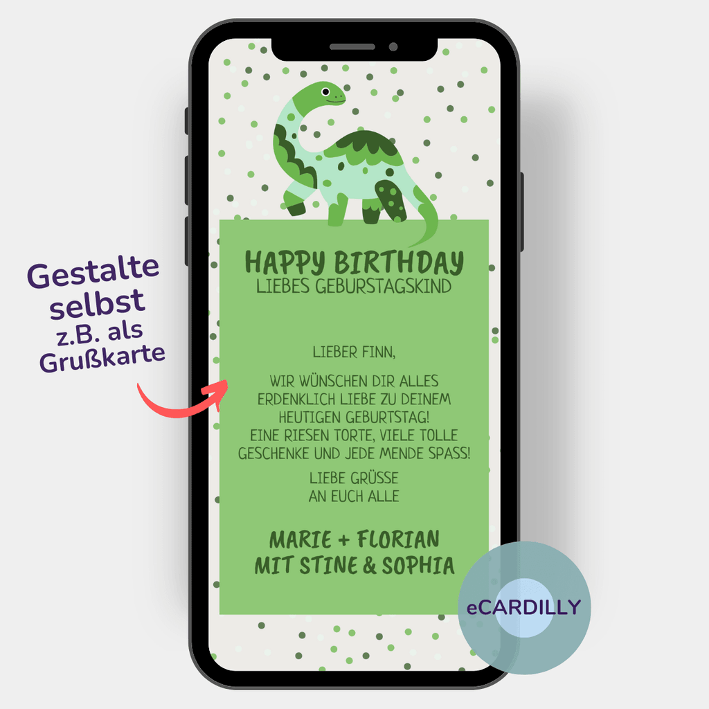 Tolle Happy Birthday Karte für alle Dinoliebhaber und solche die sich über die tolle grüne Geburtstagskarte mit lieben Dino freuen.