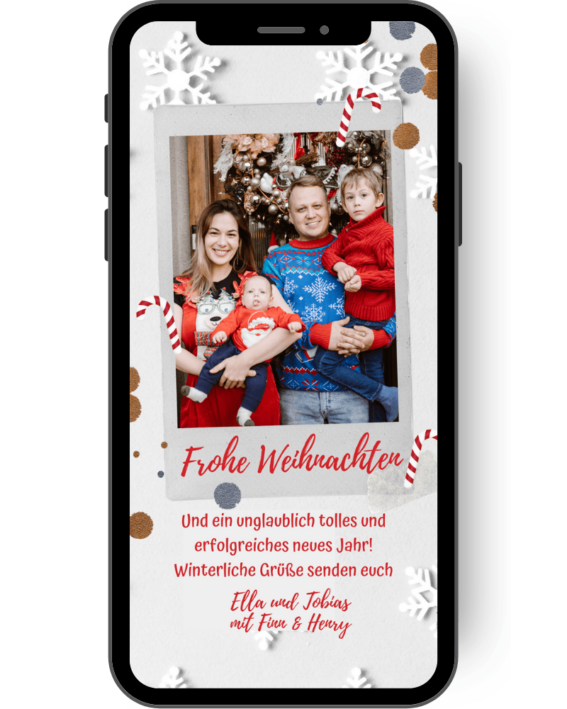 Rot-weiß-gestreifte Zuckerstangen, Schneeflocken und etwas glitzer-Konfetti wirbeln auf dieser eCard rund um das Familienfoto von euch. Auf der eCard stehen Grüße zum Weihnachtsfest und für das neue Jahr! Frohe Weihnachten! de