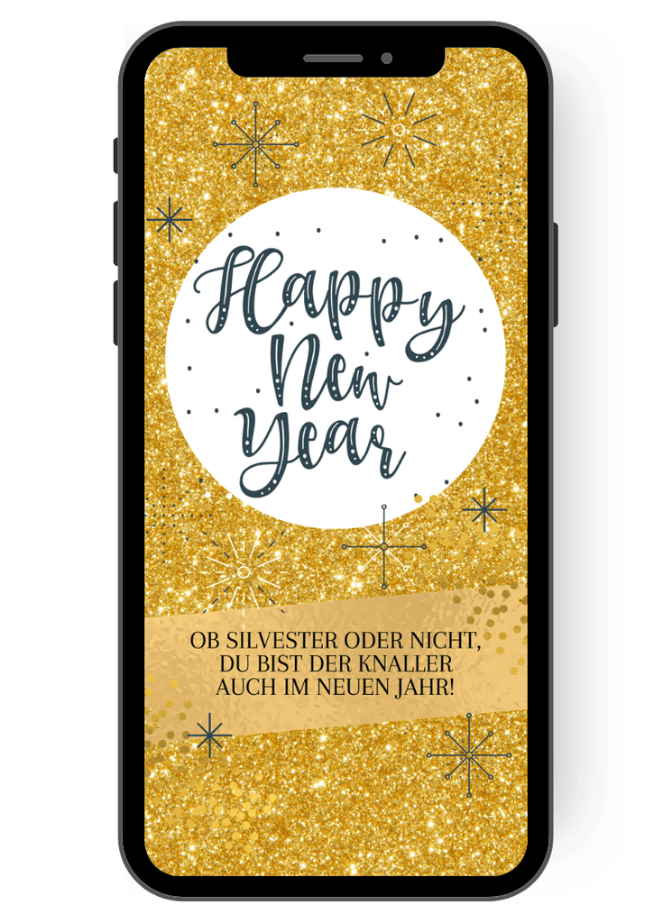 Eine goldglitzernde eCard als Grußkarte für die Silvesternahct mit einem großen weißen Kreis in der Mitte, in dem steht: Happy New Year! de