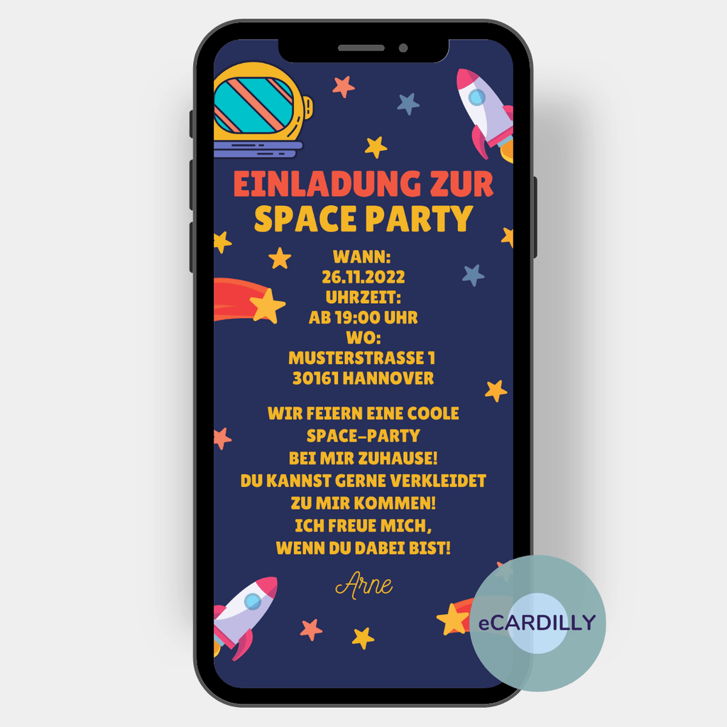 Dunkelblaue Einladung mit Rakete, Sternen, Sternschnuppe und Weltraum-Motiven für Kindergeburtstag und Space-Party