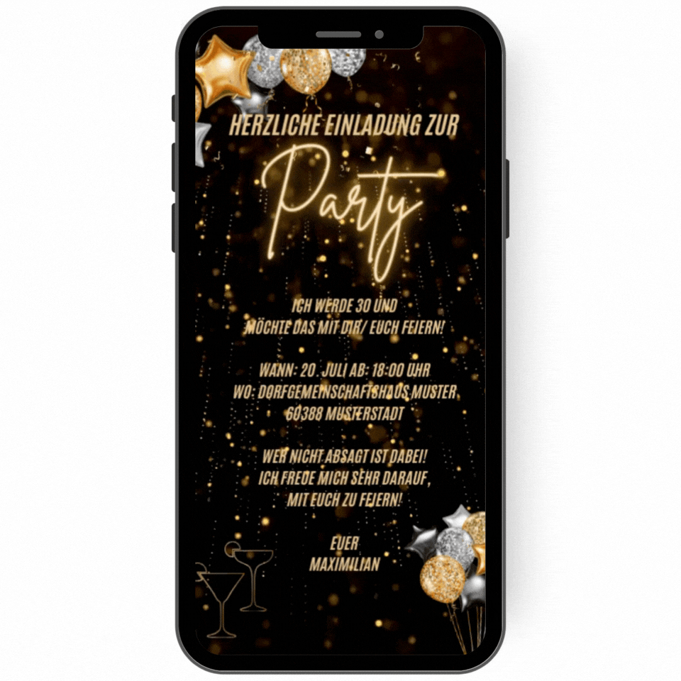 Tolle animierte Einladungskarte mit Goldglanz und Ballons.