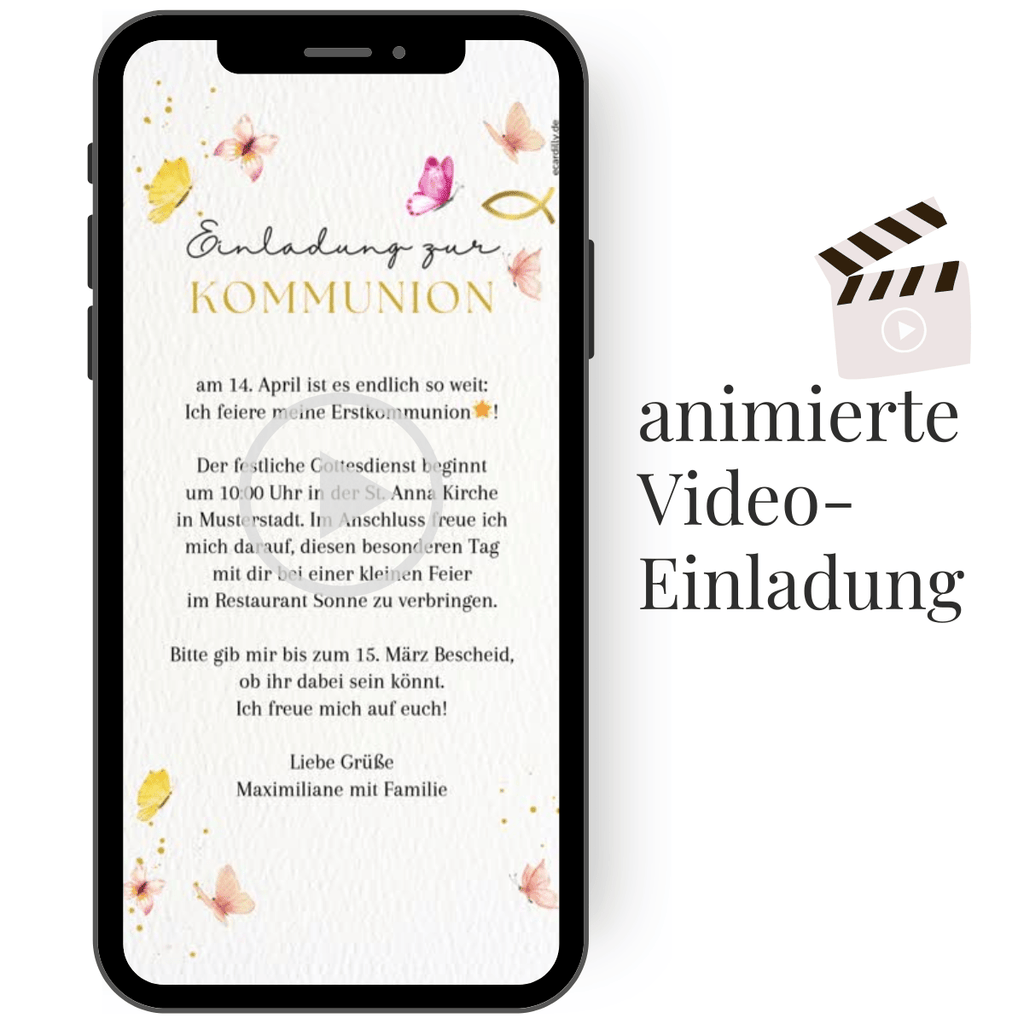 Pastellfarbene Videoeinladung mit zarten Schmetterlingen und sanfter Klaviermusik im Hintergrund