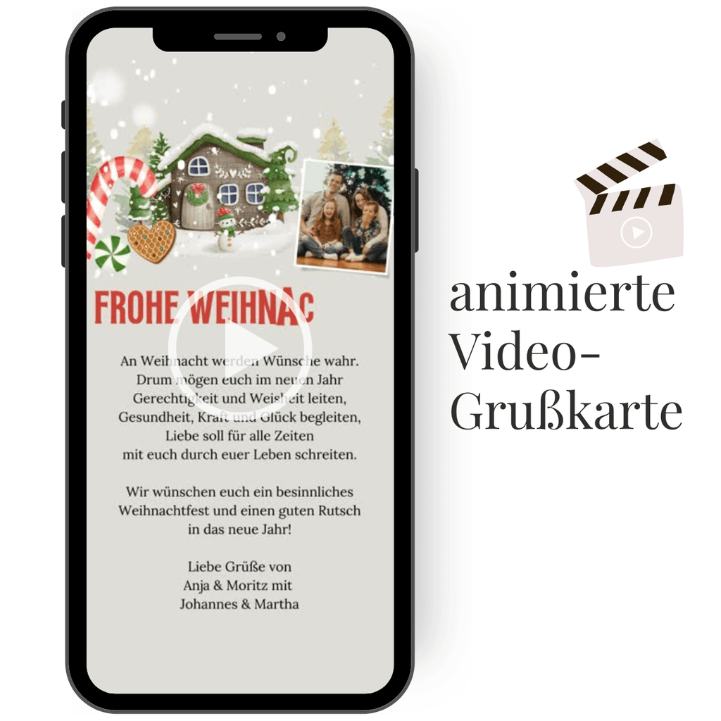 Liebevolle digitale Weihnachtskarte mit Schneefall und tanzenden Symbolen, personalisierbar mit Foto und Gruß.