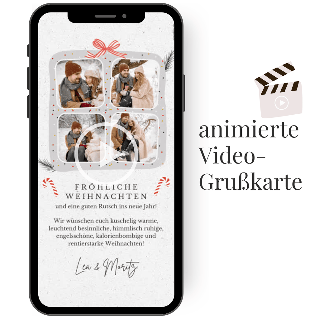 Animierte WhatsApp-Weihnachtskarte im modernen Stil mit vier individuellen Fotos, bewegten Zuckerstangen und festlichem Geschenk-Look