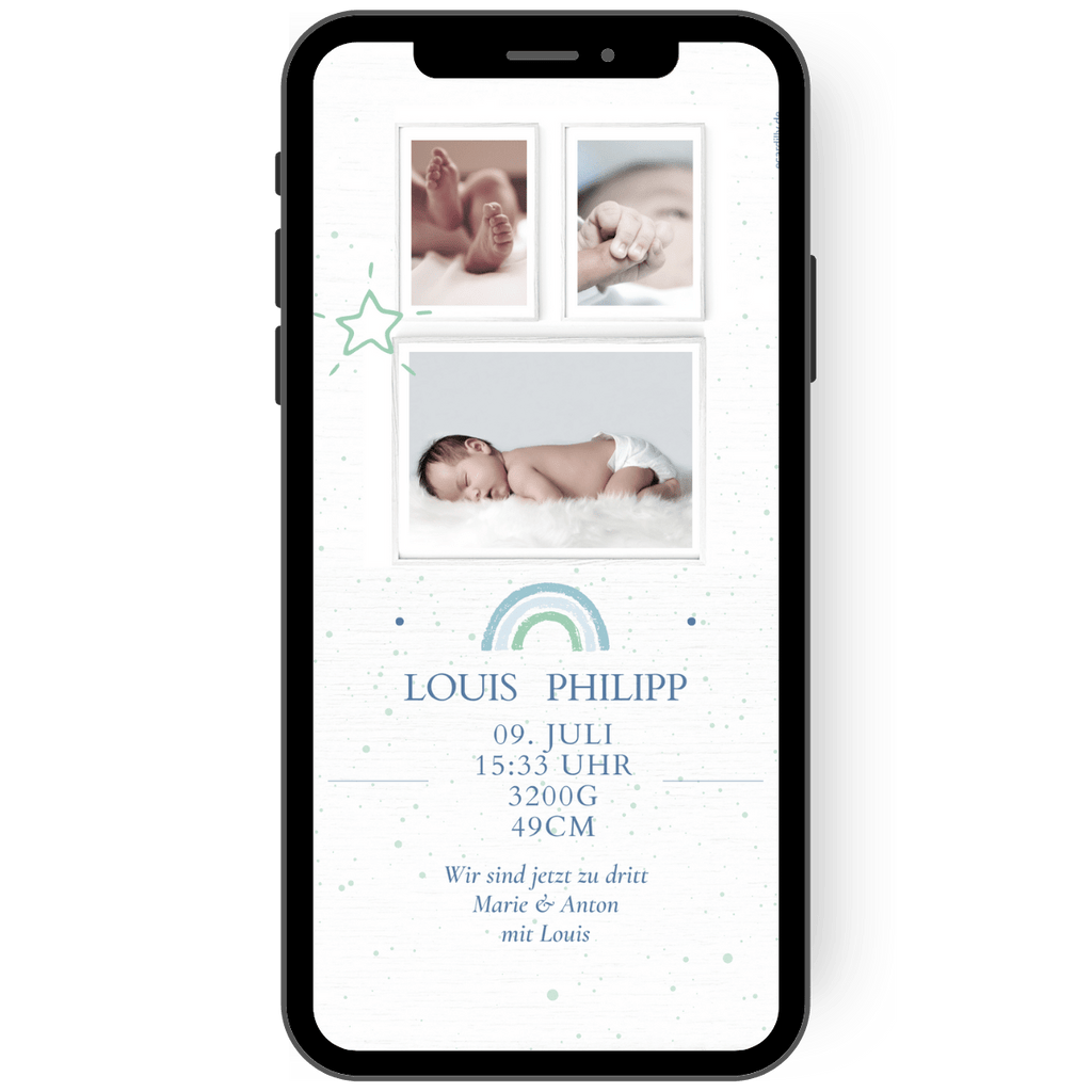 Wunderschöne digitale Babykarte mit ingesamt drei Fotos und den Daten des Babys. Ein kleiner Regenbogen ziert die digitale Babykarte.