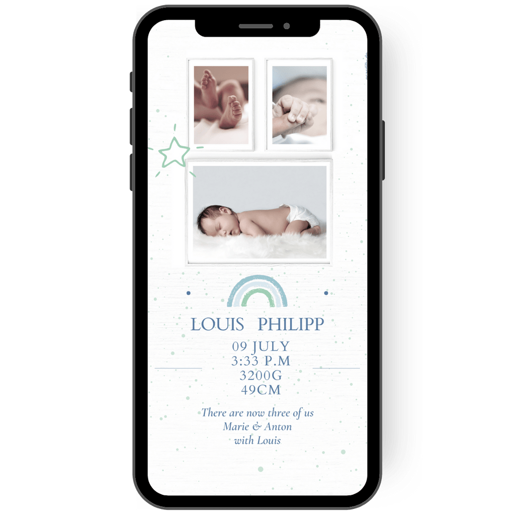 Beautiful digital baby card with a total of three photos and the baby's details. A small rainbow adorns the digital baby card.