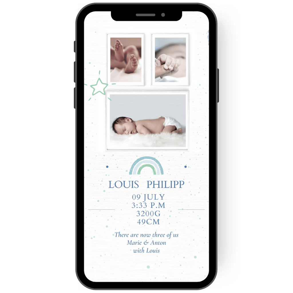 Beautiful digital baby card with a total of three photos and the baby's details. A small rainbow adorns the digital baby card.