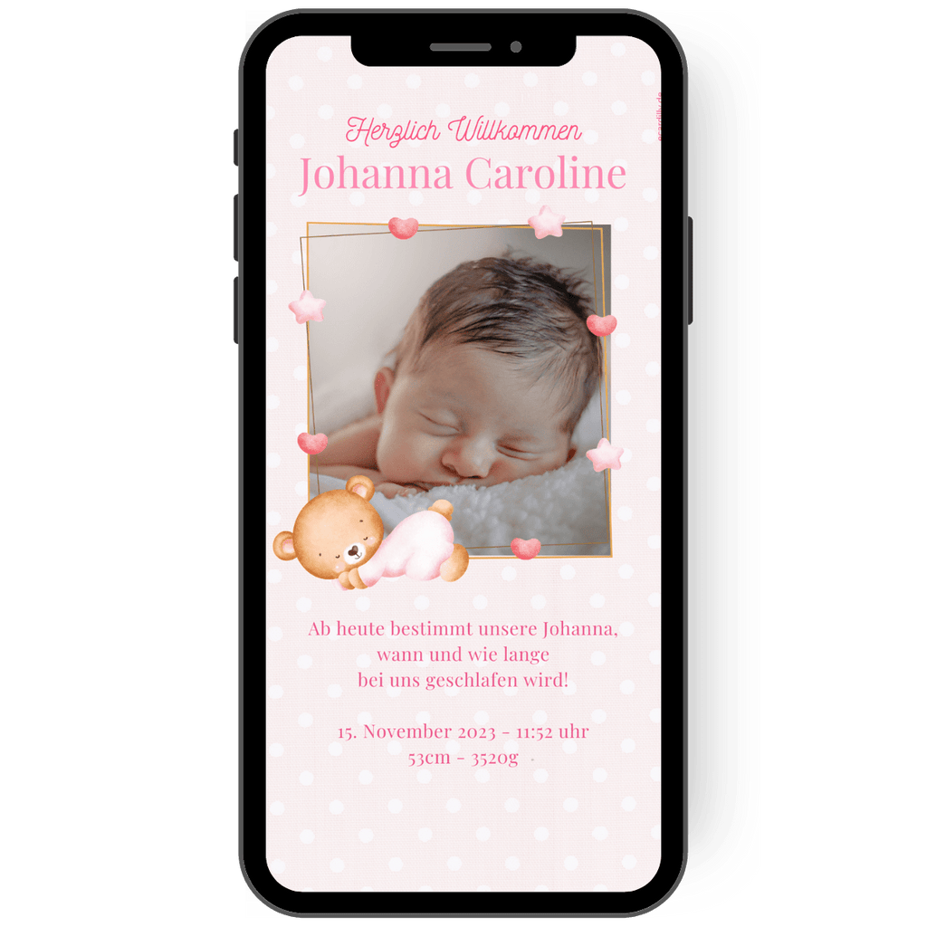 wunderschöne papierlose Babykarte zur Verkündung der Geburt per WhatsApp. Karte in rosa mit Herzen, Sternen und einem Foto