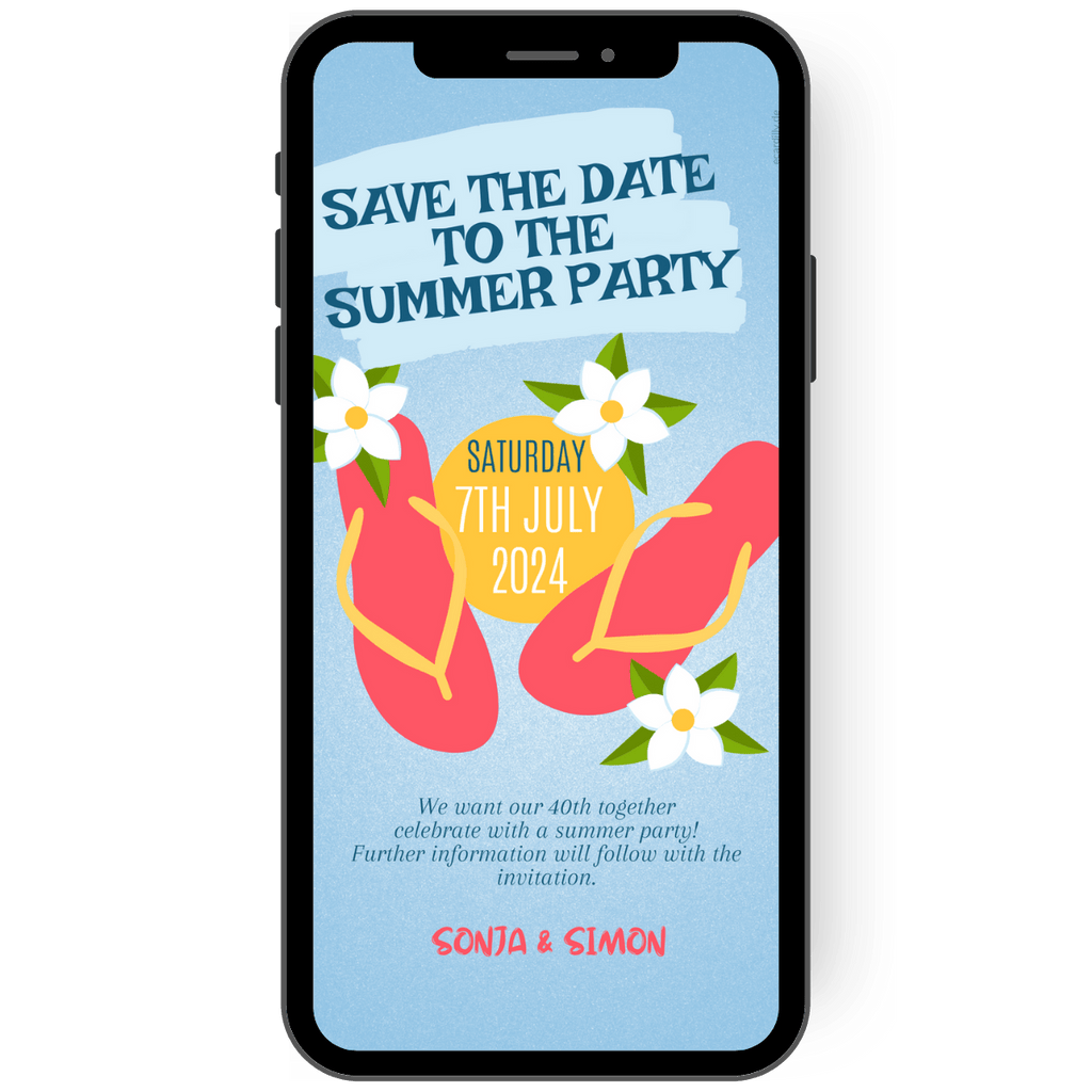Invitation card for a summer party in fresh colors in light blue, pink and green. Summery flip flops invite you to the party.