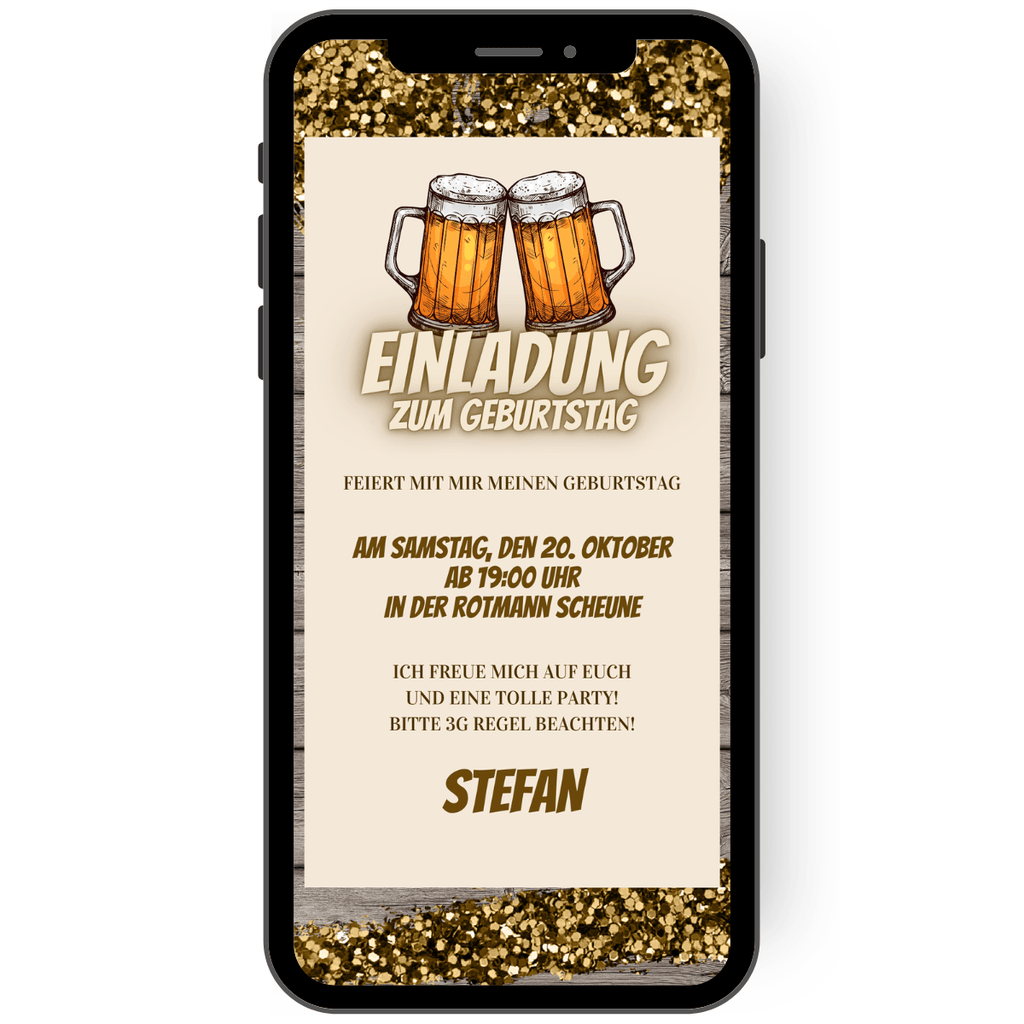 Rustikale Einladung für einen Geburtstag: Im Hintergrund ein Holztisch mit ein bisschen Glitzer, dadrauf ein helles Fenster mit zwei Maßkrügen , die symbolisch miteinander anstoßen. Darunter der große Schriftzug "Einladung" und der persönliche Einladungstext