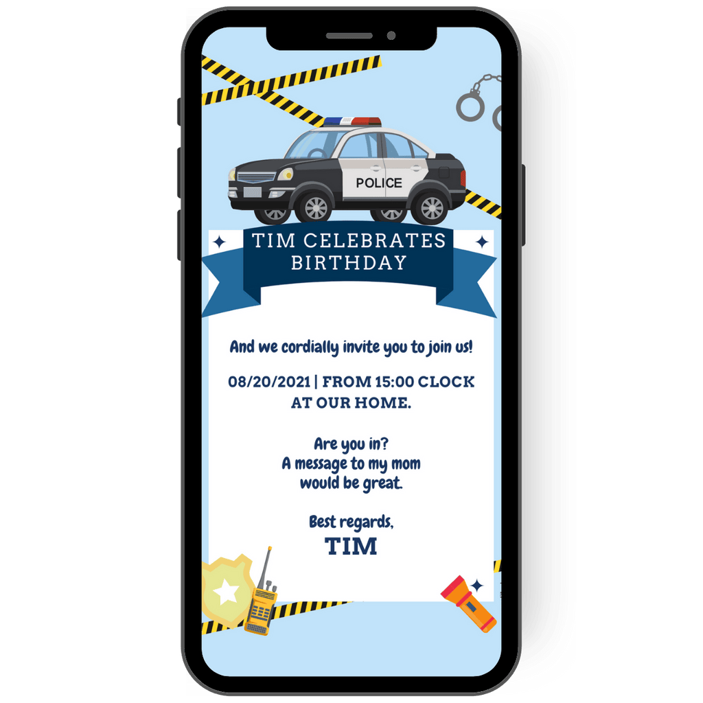 Children's birthday party invitation for real police fans: With a police car, radio, handcuffs and barrier tape as motifs on a blue and white invitation card. Sent digitally via cell phone, paperless.