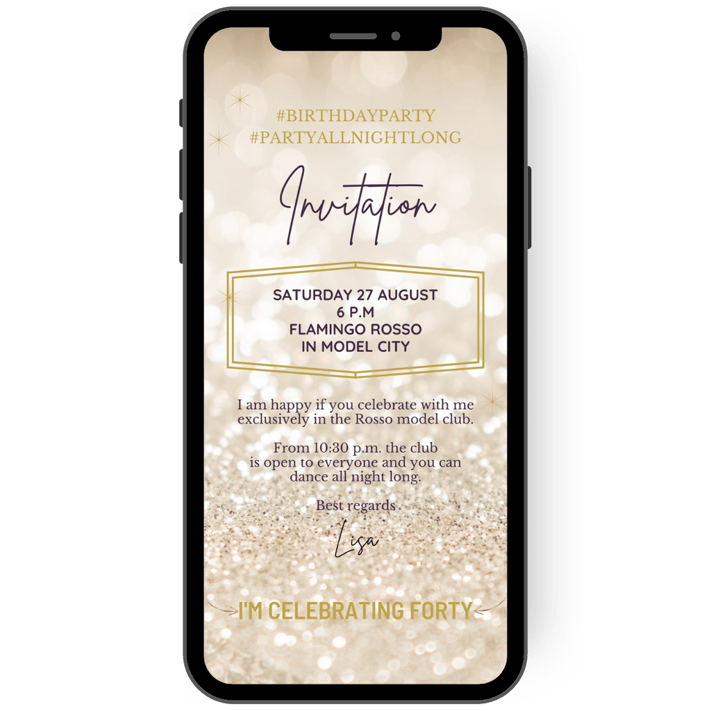 Birthday invitation card with glitter, shine and sparkle.