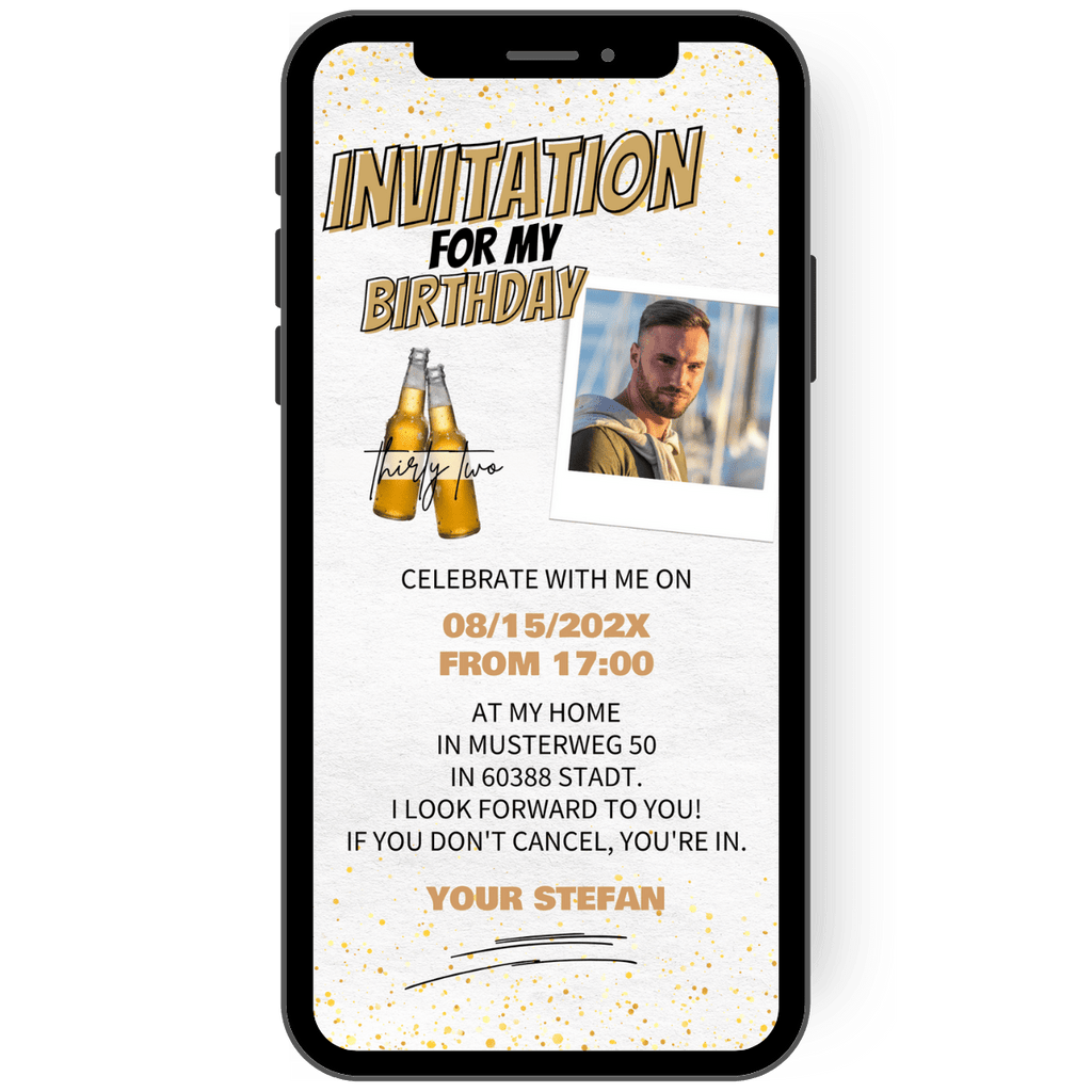 Digital invitation in bright colors and a photo. Golden letters decorate this elegant 30th birthday invitation card.