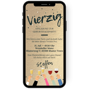 Digitale Einladungskarte zum Geburtstag in gold und konfetti Hände die Gläser halten