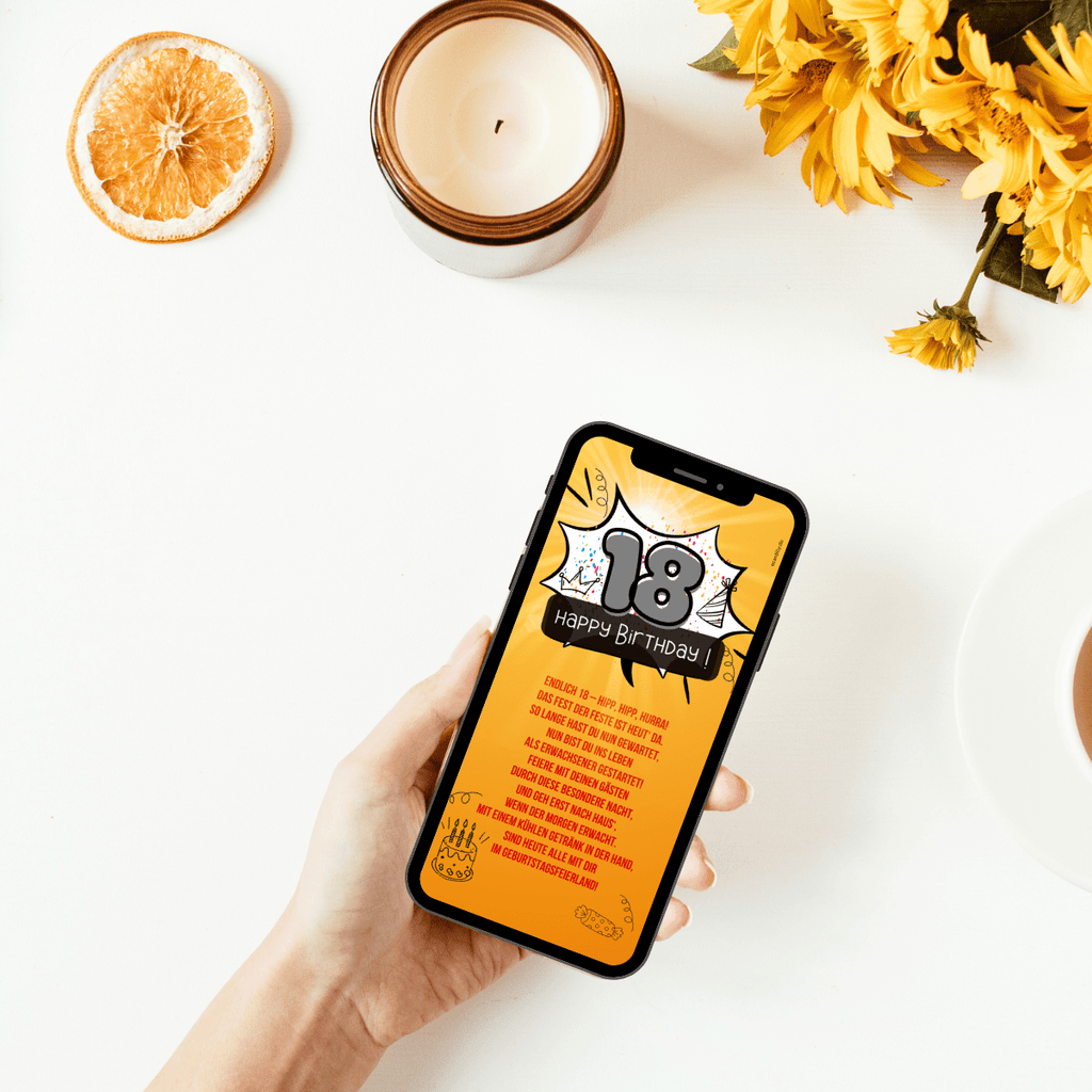 Digitale Glückwünsche zum 18 Geburtstag orange Zahl