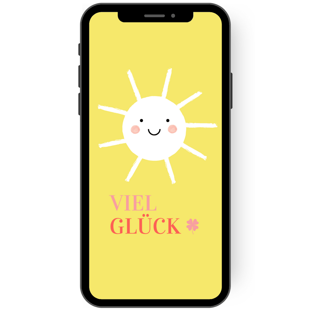 Tolle gelbe Grußkarte mit einer Sonne die ganz viel Glück wünscht. Versende eine papierlose Karte mit deinem Handy oder über whatsapp.