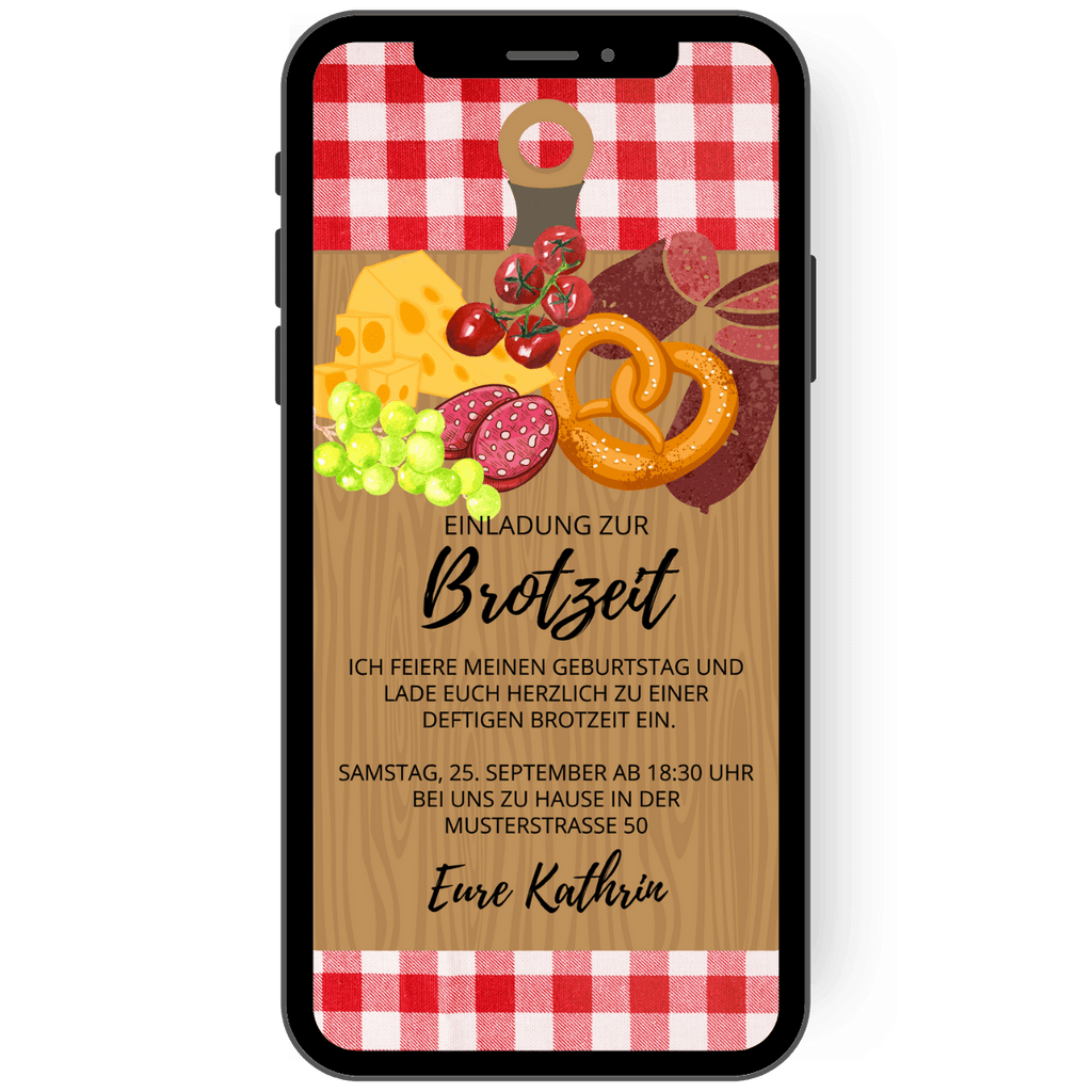 Eine rot-weiß-karierte Tischdecke, Käse, Wurst und Brezeln - alles was zu einer deftigen Brotzeit dazugehört, ist auf dieser Einladungskarte zum Geburtstag abgebildet.