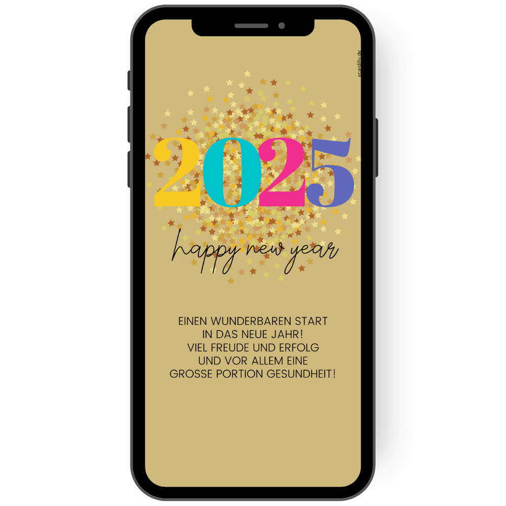 Tolle digitale WhatsApp Neujahr Silvester Karte mit bunter Jahreszahl und individuellem Text.