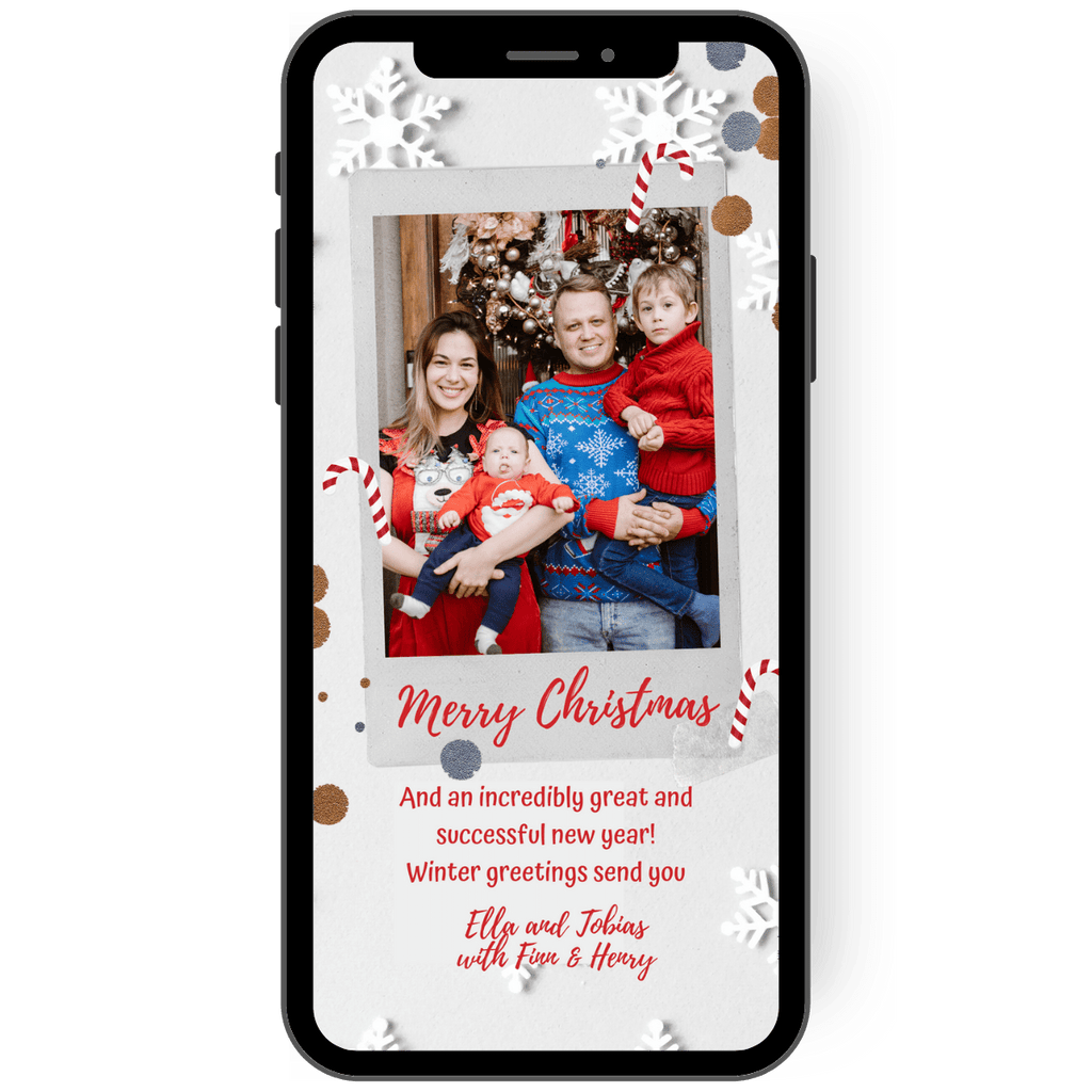 Rot-weiß-gestreifte Zuckerstangen, Schneeflocken und etwas glitzer-Konfetti wirbeln auf dieser eCard rund um das Familienfoto von euch. Auf der eCard stehen Grüße zum Weihnachtsfest und für das neue Jahr! Frohe Weihnachten! de