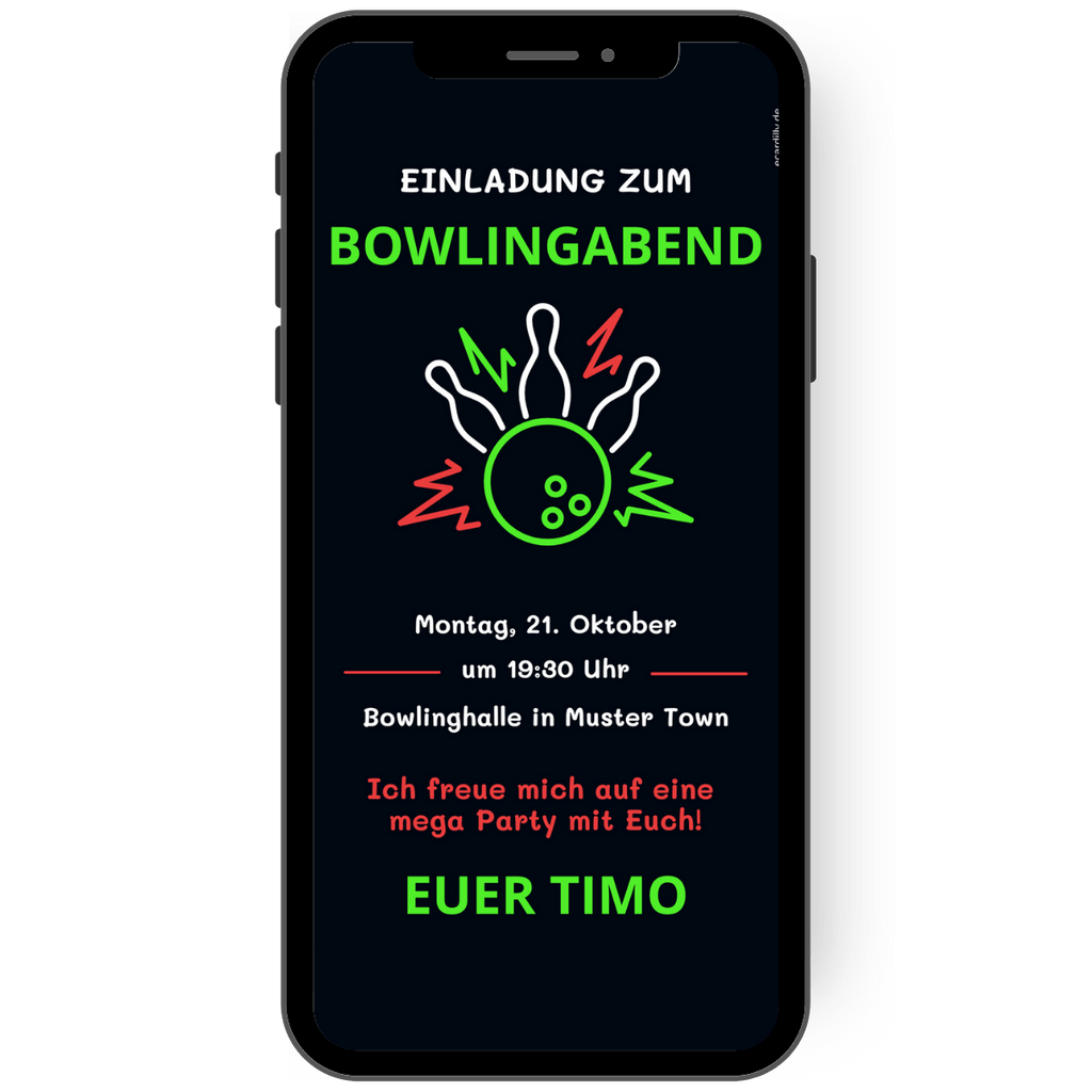 Digitale einladungskarte zur Bowlingparty zum Kindergeburtstag oder Bowlingabend
