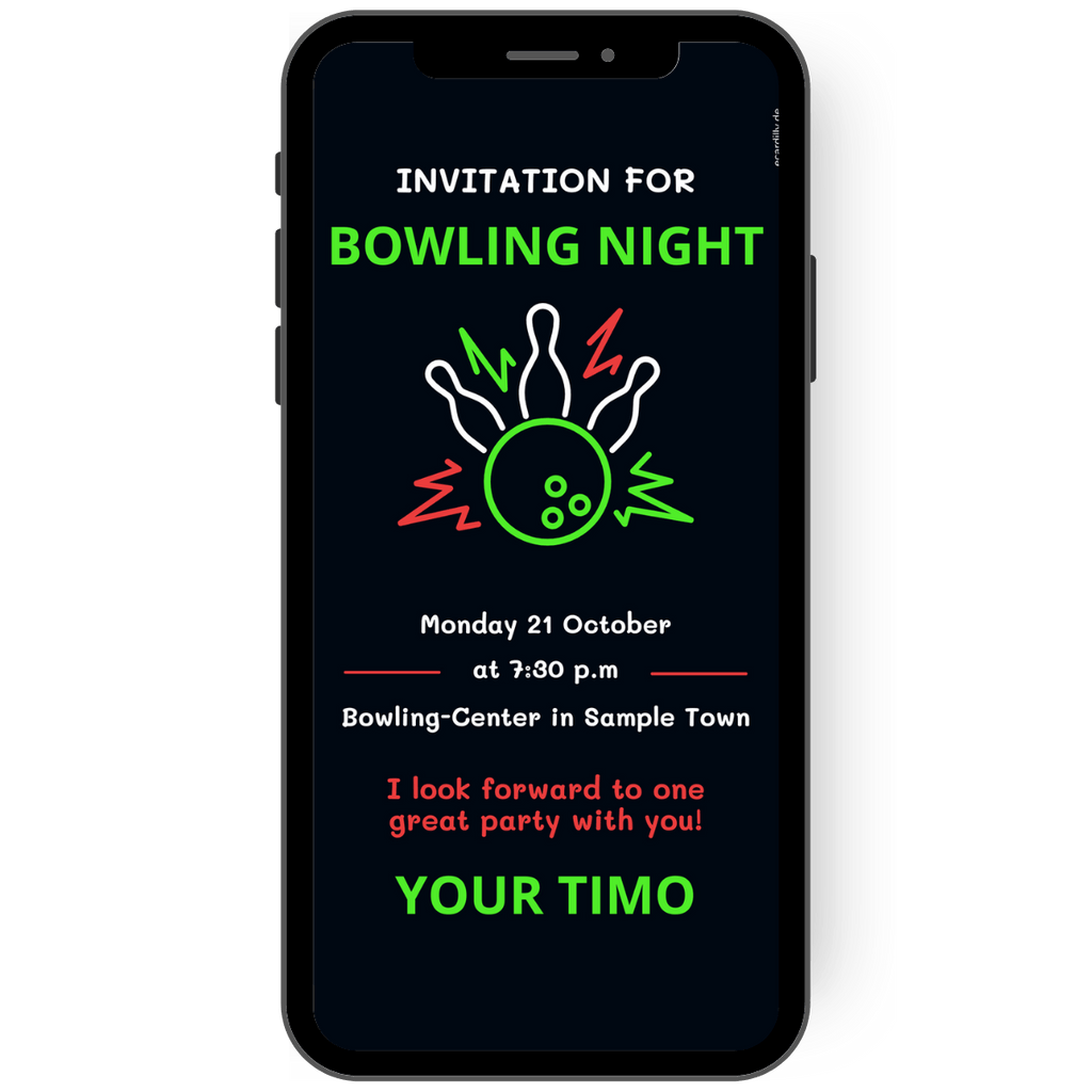 Digital invitation card for a children's birthday party or bowling evening