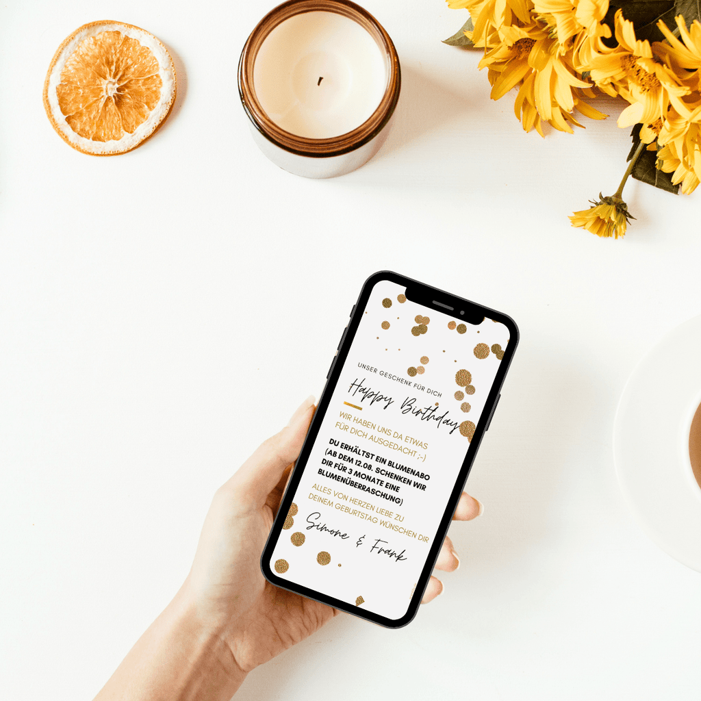 Digitaler Gutschein mit goldenen Konfettipunkten fuer den Versand per WhatsApp