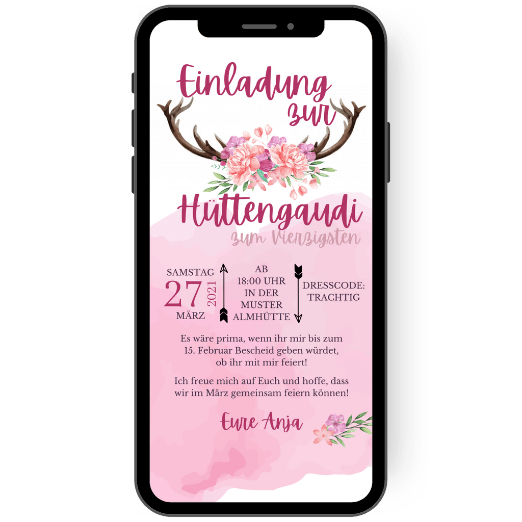 Einladung zur Hüttengaudi für Mädels: Auf einem Geweih sind rosa-lila Blüten in der Mitte aufgebunden, darum steht der Grund der EInladung. Alle wichtigen Infos sind auf dem rosa verwaschenen Hintergrund gut zu erkennen