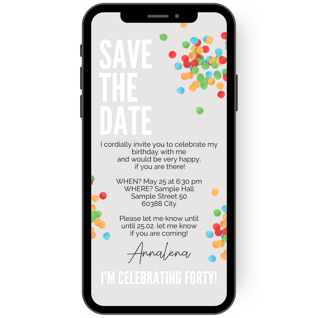 Save the date - invitation with bright background and colorful confetti - idea for everyone who wants to celebrate a birthday together