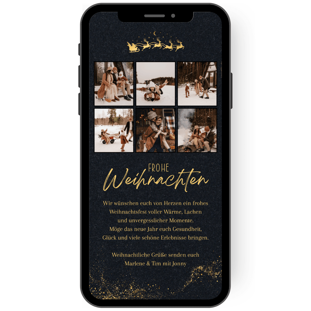 Wunderschöne WhatsApp Weihnachtskarte mit Fotos und goldenen Elementen