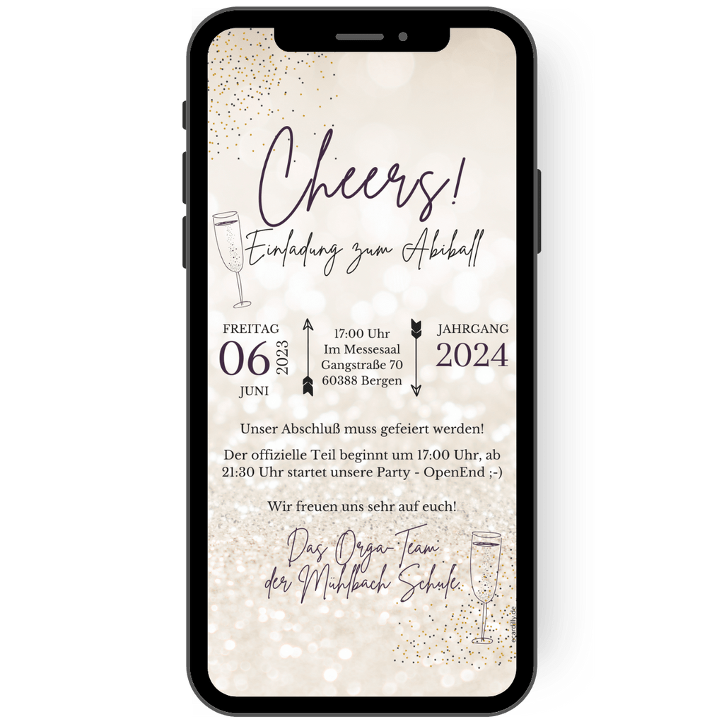 Tolle digitale Einladung mit Glanz und Glitter in Gold zur Abiparty