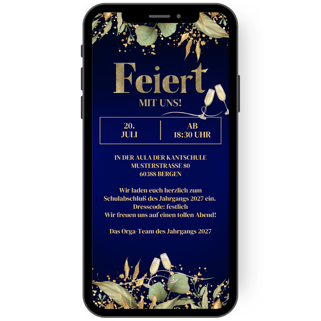 Tolle Einladung zur Abiparty in edlen Farbtönen und Gold