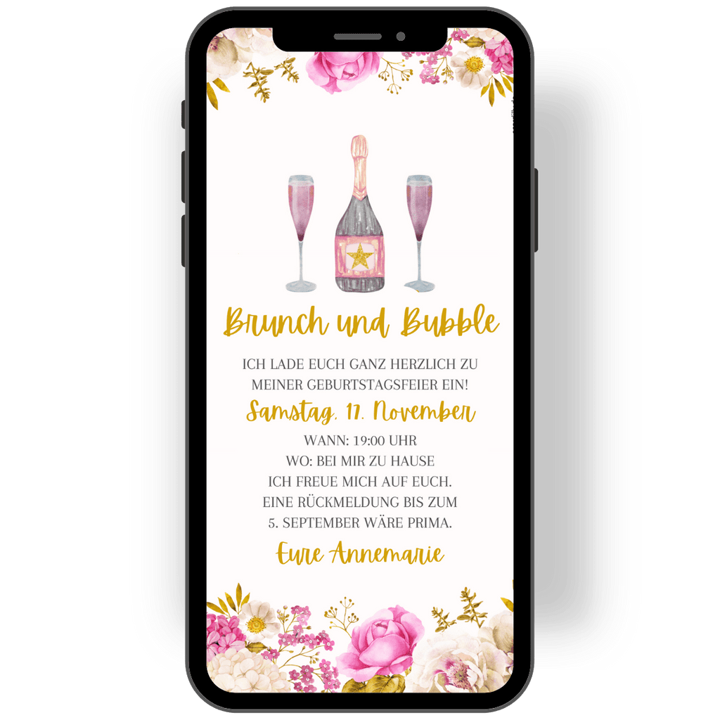 Eine Flasche Prosecco, zwei Sektgläser und viele Blüten in zarten Rosé- und Weißtönen sind die Designelement dieser Einladung mit dem Text "Brunch und Bubble". Digitale Einladungskarte für einen Brunch oder ein Frühstück mit Freundinnen.