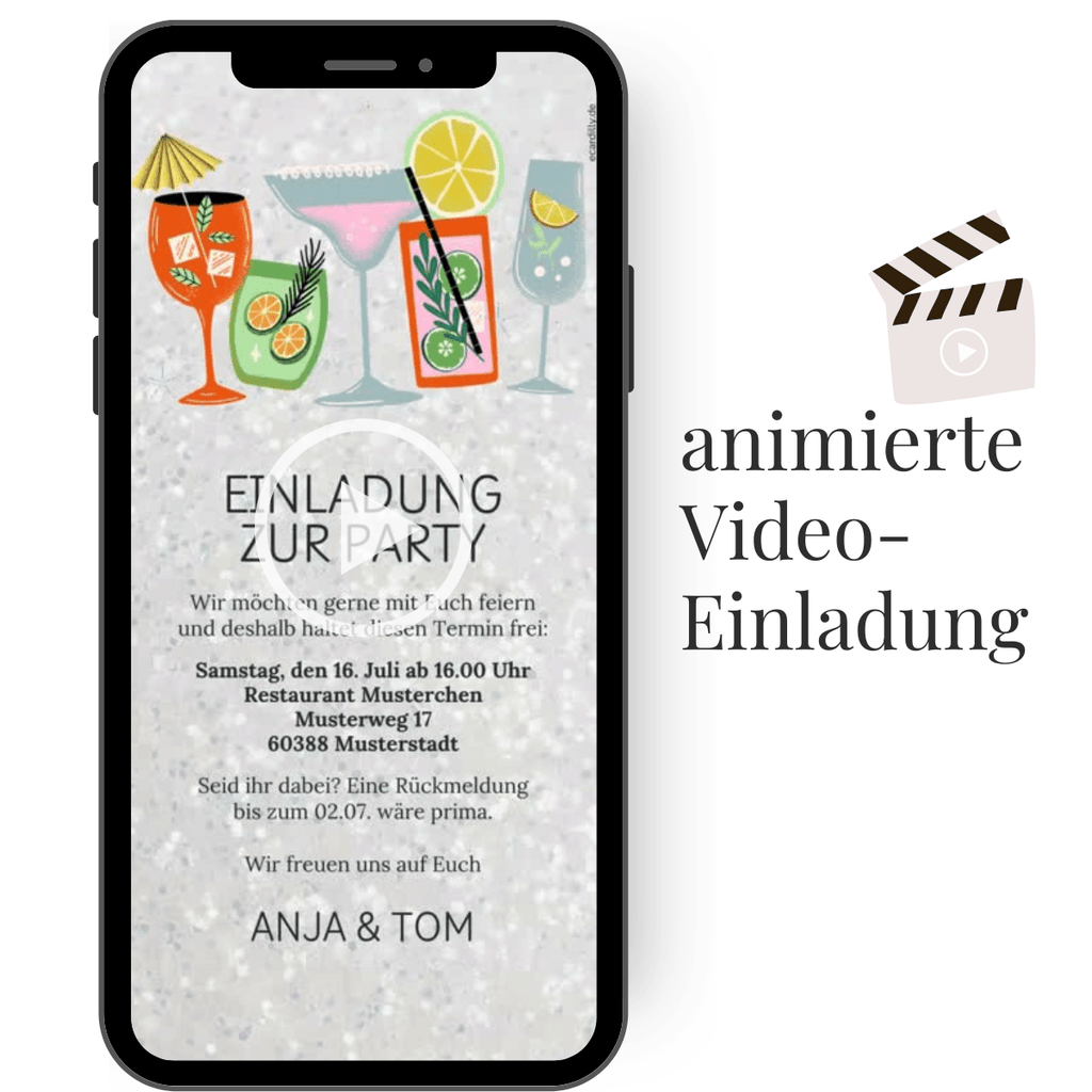 Individuelle Geburtstags­einladung mit farbenfrohen, animiert wirkenden Cocktailgläsern