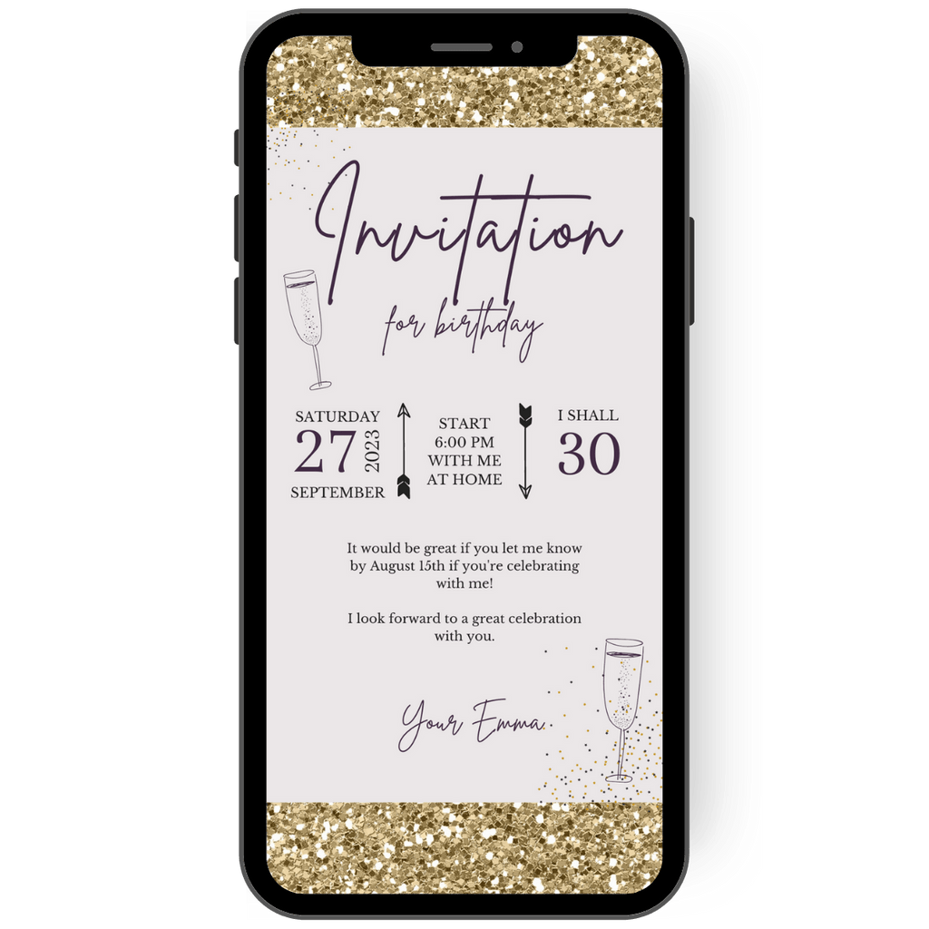 Invitation card in gold and purple to invite to a birthday with glitter and confetti. Simply send an eCard as a digital invitation card using your smartphone.