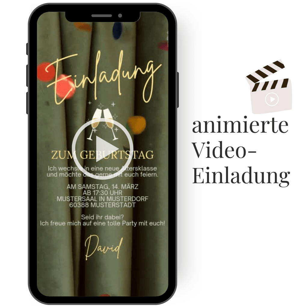 Elegante digitale Einladung mit feinen Konfettidetails und stilvoller Schrift in goldener Optik