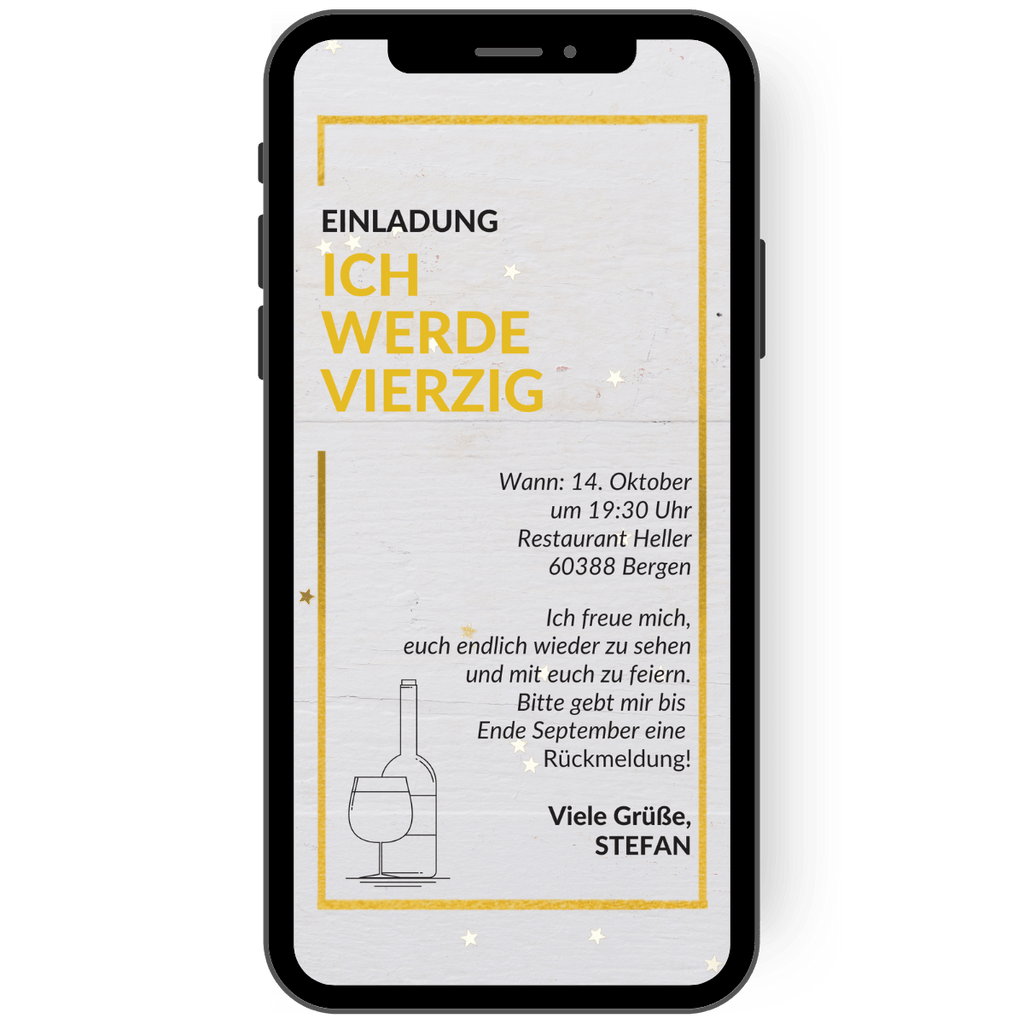 Einladungskarte zum Geburtstag als eCard versenden, in gold und Hintergrund in Holzoptik. Ich werde vierzig und lade zum Geburtstag ein.