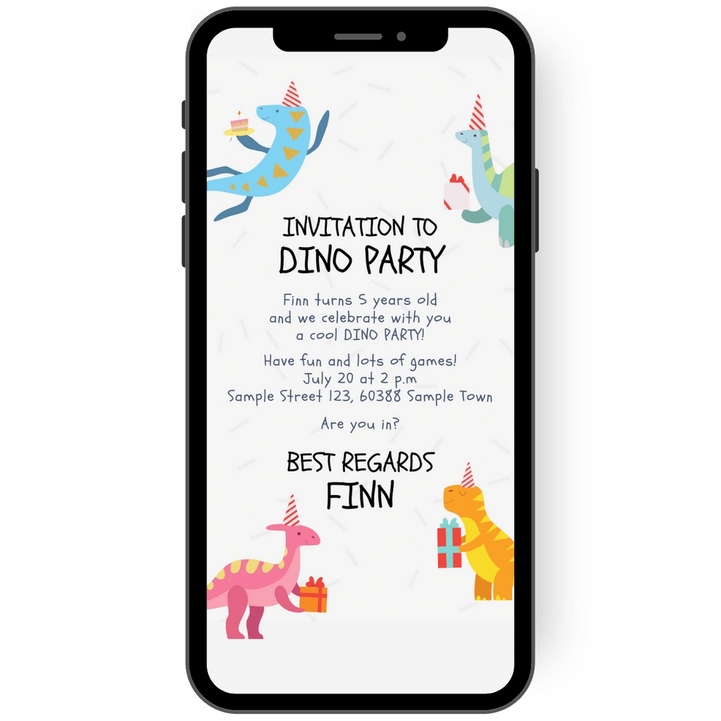 Great children's birthday party invitation with colorful dinosaurs holding small gifts