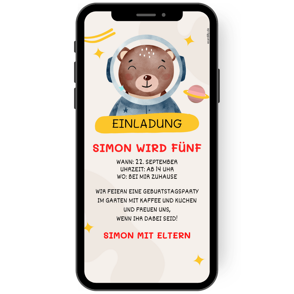 Einladung zum Kindergeburtstag Motto Weltall Astronaut Space. Ein kleiner Astronautenbär lädt auf dieser WhatsApp Einladung zum Kindergeburtstag ein de