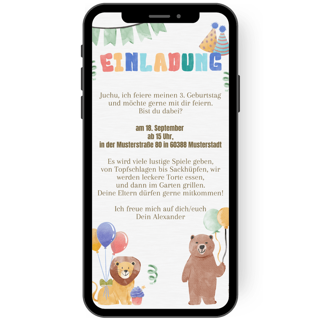 Einladung zum Kindergeburtstag kunterbunt mit Bär