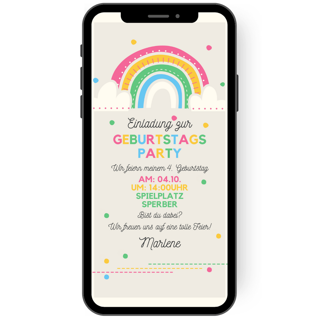 Eine Geburtstsagsfeier unter dem regenbogen: Mit dieser Einladung kannst Du Deine Gäste herzlich einladen zu Deiner Party