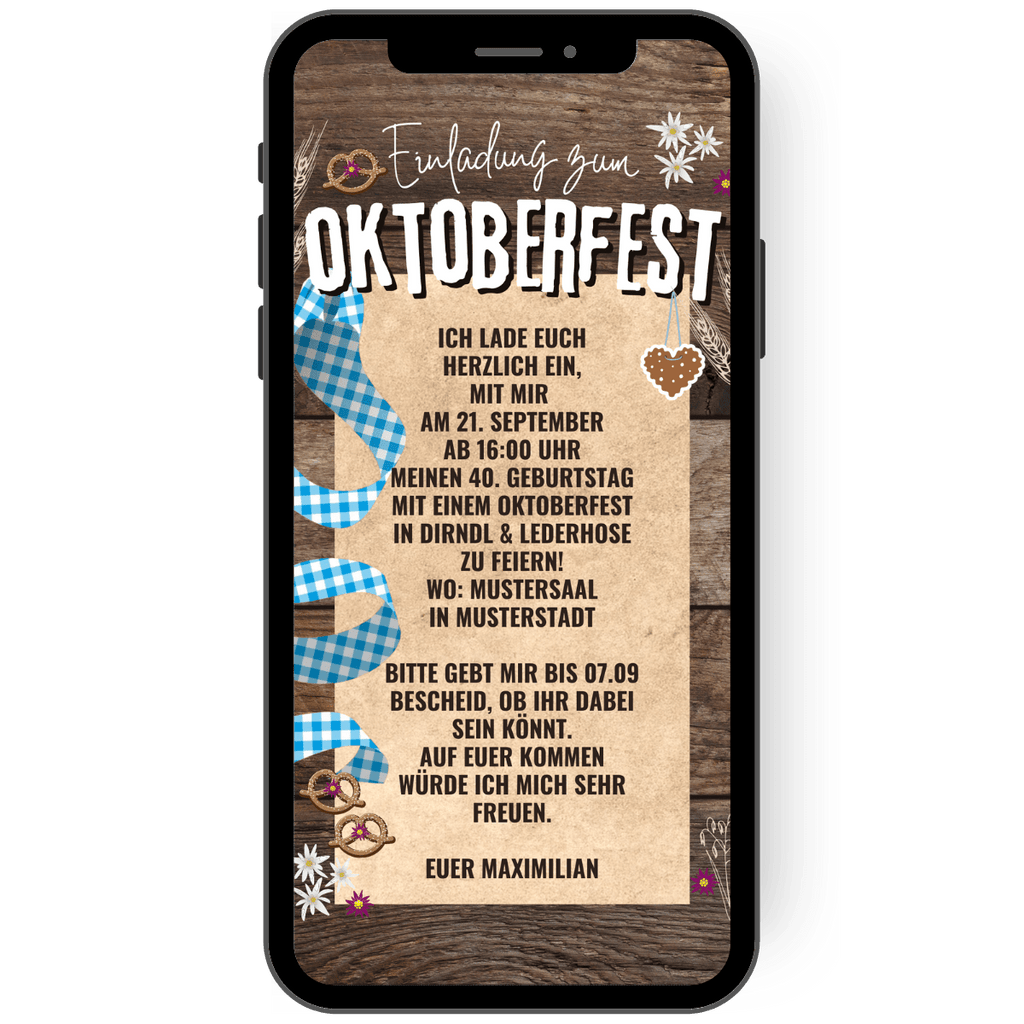 Tolle Einladung zum Oktoberfest mit Holzoptik und weiss blauem Rautenband.
