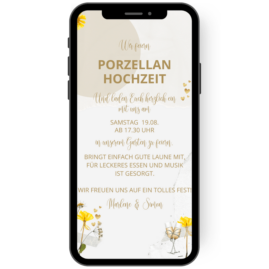 Einladung zur Porzellanhochzeit - eCard - Beige - Gold - Blumen - Herzen - Digital